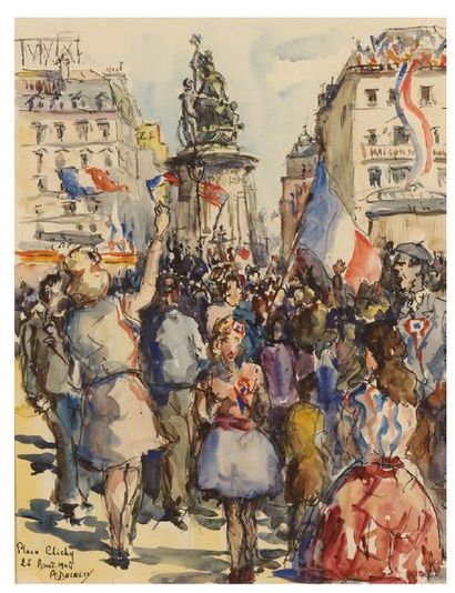 André Duculty (1912-1990) 
Place Clichy at the Liberation
Chinese ink and watercolour,...