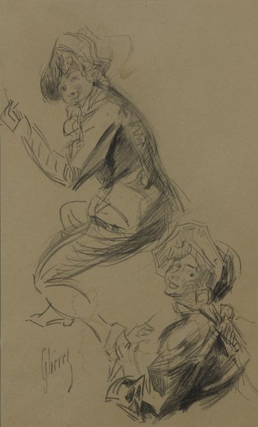 Jules CHÉRET (1836-1932) 
Etude de deux jeunes filles de profil
Fusain sur papier,...