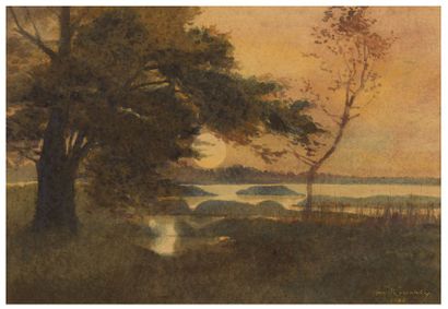 Ivan KOWALSKY (1839-1937) 
Coucher de Soleil sur le lac
Aquarelle sur papier collé...