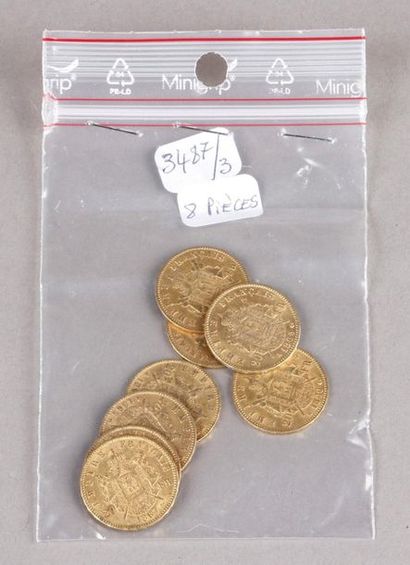 null Huit pièces de 20 Francs or Napoléon III tête laurée.