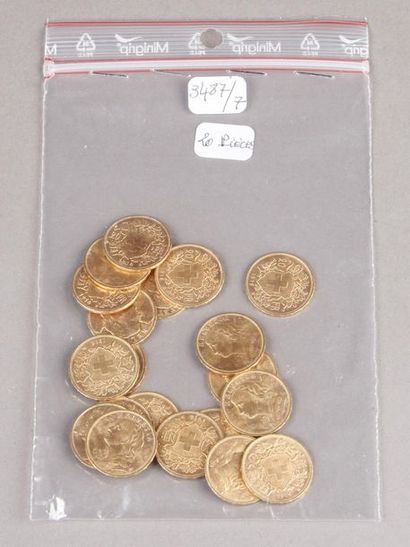 null Twenty pieces of 20 Swiss gold francs.