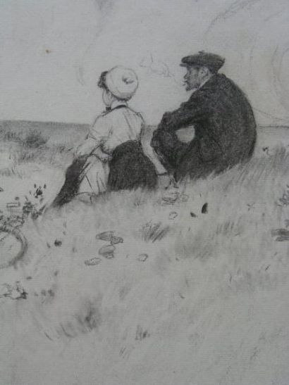WELY JACQUES (1873-1910) Le couple dans les dunes, 1910. Fusain, signé en bas à droite....