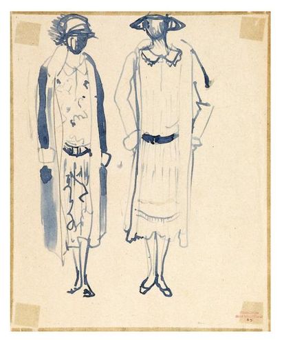 BÉRARD (Christian) Deux élégantes (Chanel?). Lavis original; 21 x 27 cm. De l'ancienne...