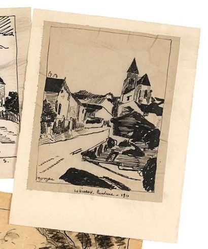 DUNOYER DE SEGONZAC (André) Le Village. Peinture 1910; dessin original à l'encre...
