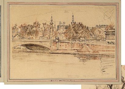 JOUAS (Charles) " Pont de l'Alma. Magic City. Exposition 1900 ". Pastel original,...