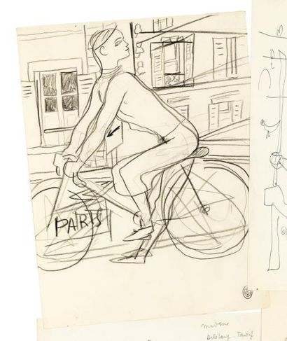 COCTEAU (Jean) Le Cycliste. Dessin original, à la pierre noire; avec cachet; 21 x...