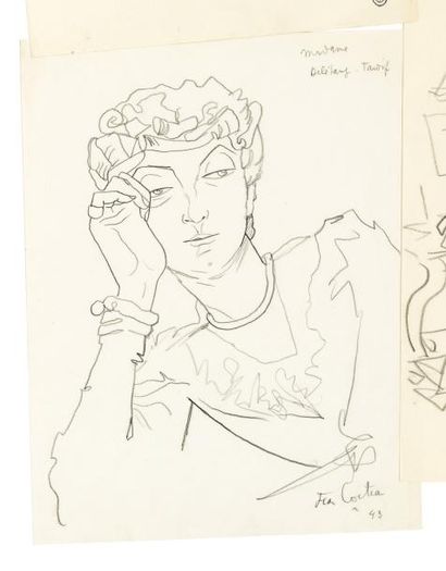 COCTEAU (Jean) " Madame Delétang-Tardif " 1943 ". Dessin orignal, au crayon, signé...