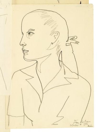 COCTEAU (Jean) Portrait d'Émilienne DERMIT. " Venise. 20 Juillet 1956 ". Dessin original...