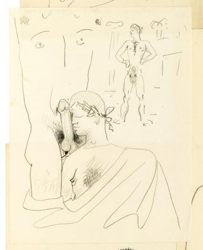 COCTEAU (Jean) Dessin érotique avec trois personnages, crayon original; 21 x 27 cm....