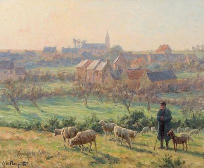 Félix PLANQUETTE (1873-1964) Berger devant un village Huile sur toile. 46 x 54 c...