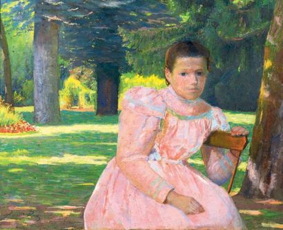 Edmond DUC (1856-?) Jeune fille dans un parc Huile sur carton signé en bas à gauche....