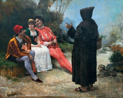 Jules Arsène GARNIER (1847-1889) Conversation sur un banc Huile sur toile. (restaurations)....