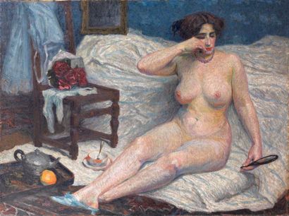 Roger GRILLON (1881-1922) Femme nue alanguie Huile sur panneau signé en haut à droite...