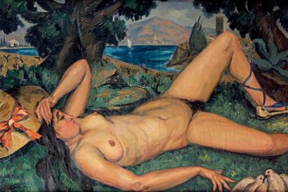 Roger GRILLON (1881-1922) Femme nue allongée aux colombes Huile sur toile. 97 x 152...