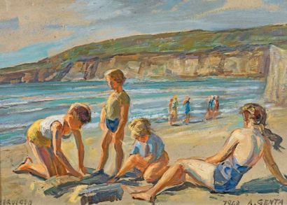 Albert GENTA (1901-1989) La plage Huile sur toile signée en bas à droite et datée...