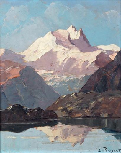 Lucien POIGNANT (1905-1941) Vue des Alpes, glacier devant un lac Huile sur carton...
