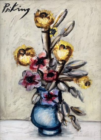 Franz PRIKING (1929-1979) Bouquet de fleurs au vase bleu Huile sur toile signée en...