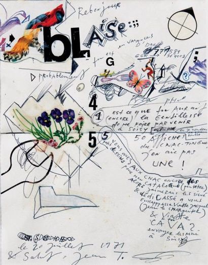 Jean TINGUELY (1925-1991) Rebonjour Blaise Technique mixte sur papier, signée en...