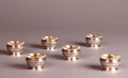 null SIX SALIERS in silver decorated with gadroons, laurel torus and cartridges with...