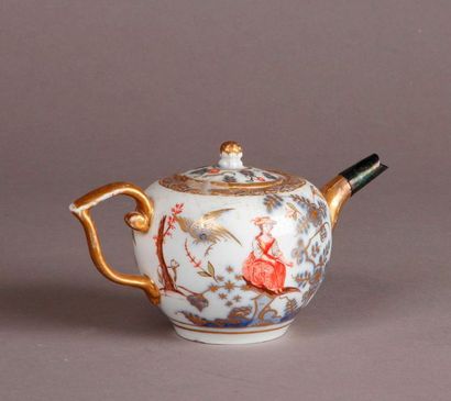 MEISSEN Porcelain covered teapot with polychrome decoration of a seated woman and...