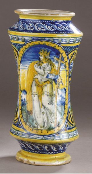 FAENZA Albarello in majolica of slightly curved cylindrical shape with polychrome...