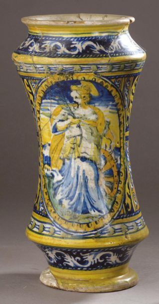FAENZA Albarello in majolica of cylindrical shape slightly curved with polychrome...