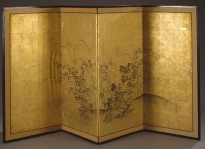 null Four-leaf byobu folding screen painted in ink on gilded paper of autumn plants.
Bears...