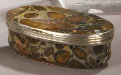 null Covered oval box in hard stone, silver hinged strap. (Slots in the lid). 
 18th...