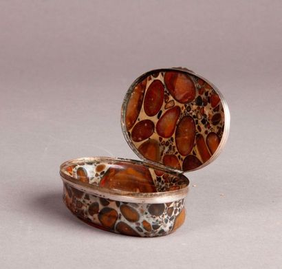 null Covered oval box in hard stone, silver hinged strap. (Slots in the lid). 
 18th...