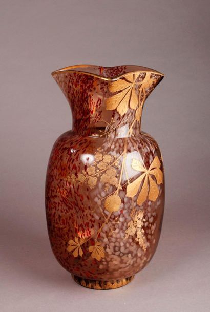 null Large VASE in smoked glass, the body with recesses and square flared neck, decorated...