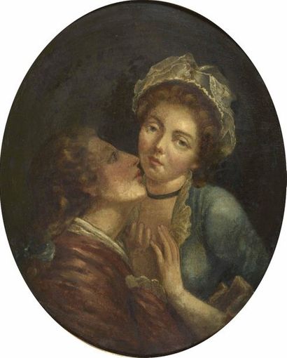 Jean-Honoré FRAGONARD (1773-1806), Dans le goût de. 
Le premier baiser
Huile sur...