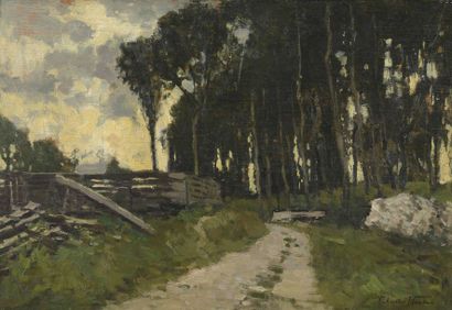 Charles HOUBEN (1871-1931) 
Chemin dans un sous-bois
Huile sur isorel, signée en...