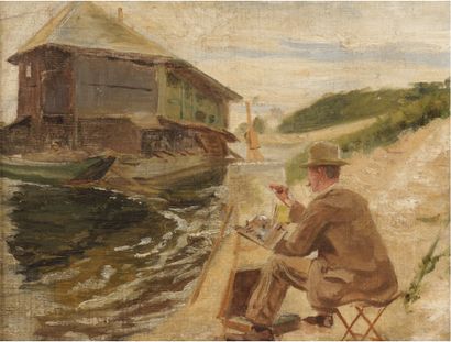 École française début XXe siècle 
Painter at his easel on the bank
Oil on isorel.
24...