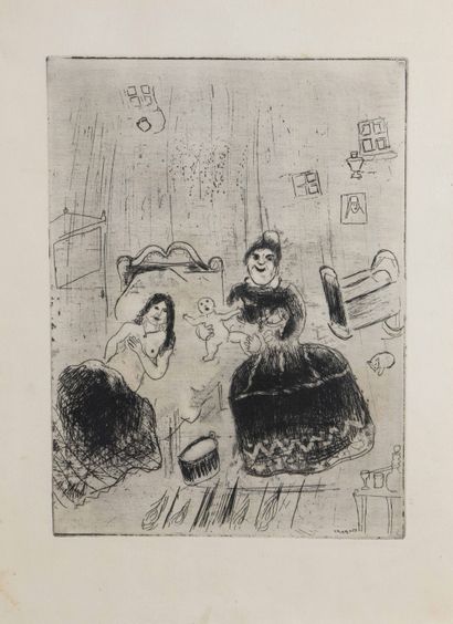 D'après Marc CHAGALL (1887-1985) 
The Birth of Chishitov, 1948
Etching, unsigned.
27.5...