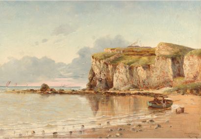 Pol NOËL (XIX-XXe siècle) 
Boats and fishermen at the foot of the cliff
Oil on canvas,...