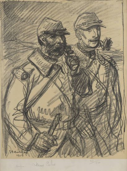 Théophile Steinlen (1859-1923) 
Two Poilus, 1915
Lithog raphie in black, annotated...