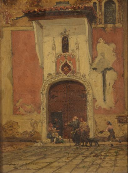 Emile LABORNE (1837-1913) 
Porte d'un palais à Tolède Huile sur panneau, signée et...