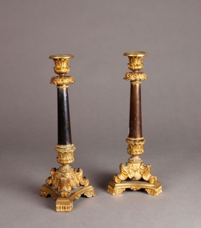 null Pair of ormolu and patinated flamingos decorated with shells and acanthus leaves,...