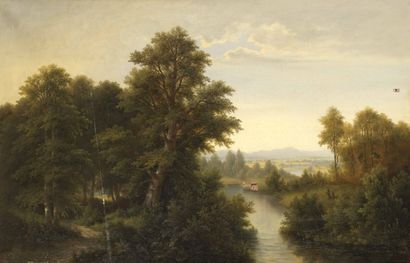 Joseph BURGARITZKY (1836-1890) 
Paysages à l'étang
Paire d'huiles sur toile (accidents...