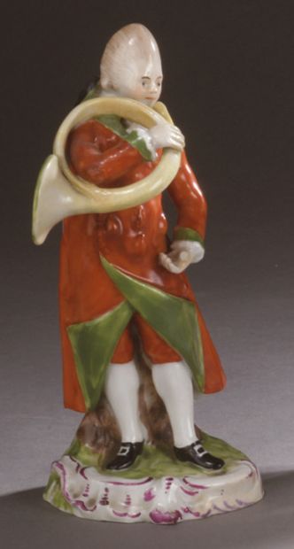 Thuringe Two porcelain statuettes representing musicians: one man playing the hunting...