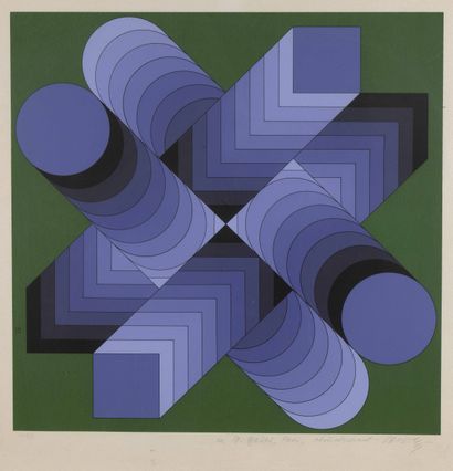 Victor VASARELY (1906-1997) 
Composition aux cercles et carrés mauves sur fond vert
Sérigraphie...