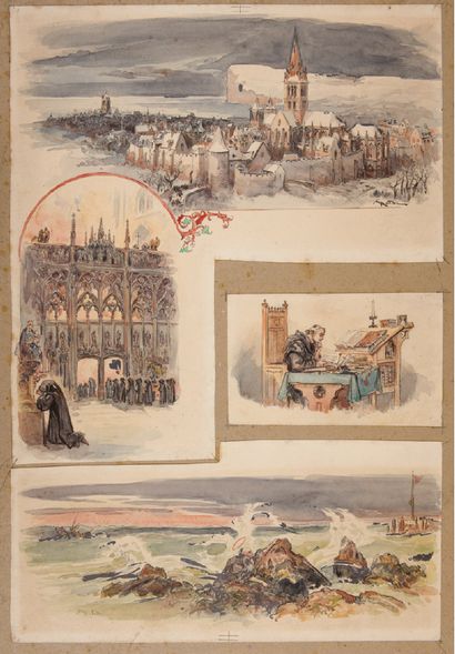 Albert ROBIDA Trois aquarelles dont une signée collées sur un carton (60x44 cm) illustrant...
