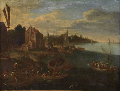 Ecole Flamande du XVIIIe siècle 
Scène de port fluvial au moulin
Huile sur toile.
(Rentoilage,...