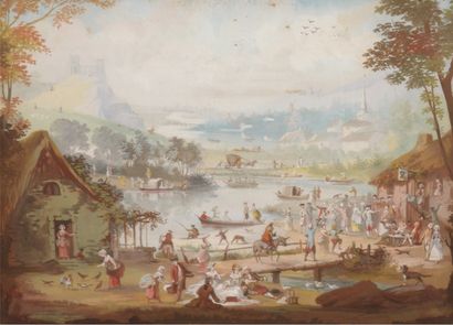 Ecole française dans le goût du XVIIIe siècle 
Fête de village au bord d'une rivière
Gouache.
(Petites...