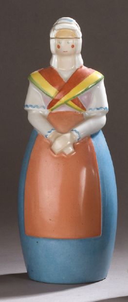 ROBJ 
Anthropomorphic liquor bottle representing an Alsatian woman, hands crossed,...