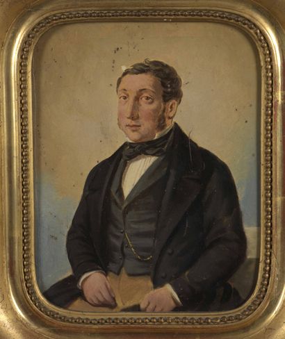 ECOLE FRANCAISE XIXe siècle 
Portrait of a seated man in a grey frock coat
Oil on...