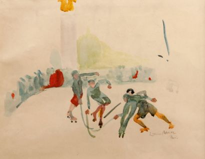 Ecole Moderne Ice hockey
Watercolour, annotated "Lucien Adrion" in the lower right...