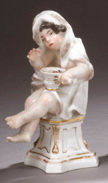 MEISSEN Two porcelain statuettes representing winter as a young boy sitting on a...