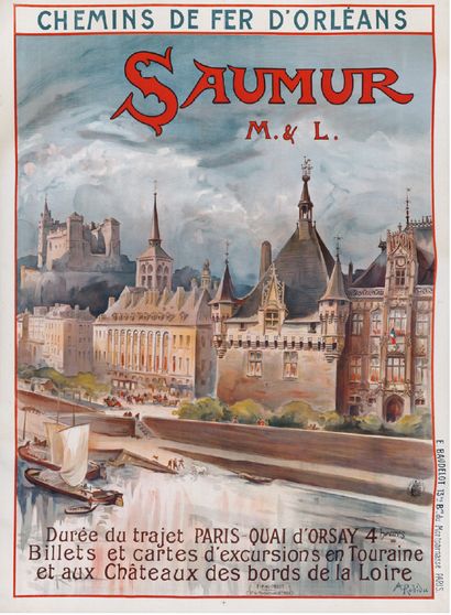Albert ROBIDA Canvas poster. Orléans and Saumur Railways. Colour poster, early 20th...