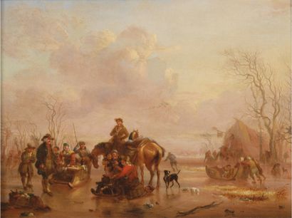 Andriès VERMEULEN (1763-1814) 
Paysage d'hiver avec cavalier, patineurs et villageois
Huile...